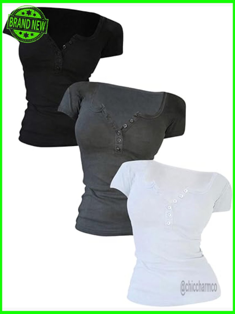 3 Pack Ribbed Knit Textured Henley T-Shirt Set V Neck Half Button Short Sleeve